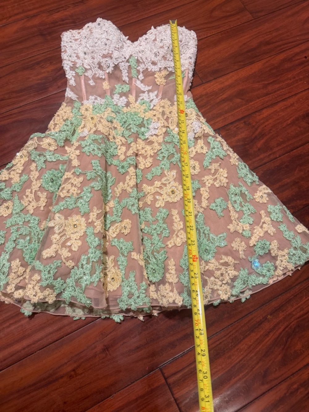 Sherri Hill Strapless Floral Appliqué Cocktail Dress in Blush, Yellow & Mint - Picture 9 of 15